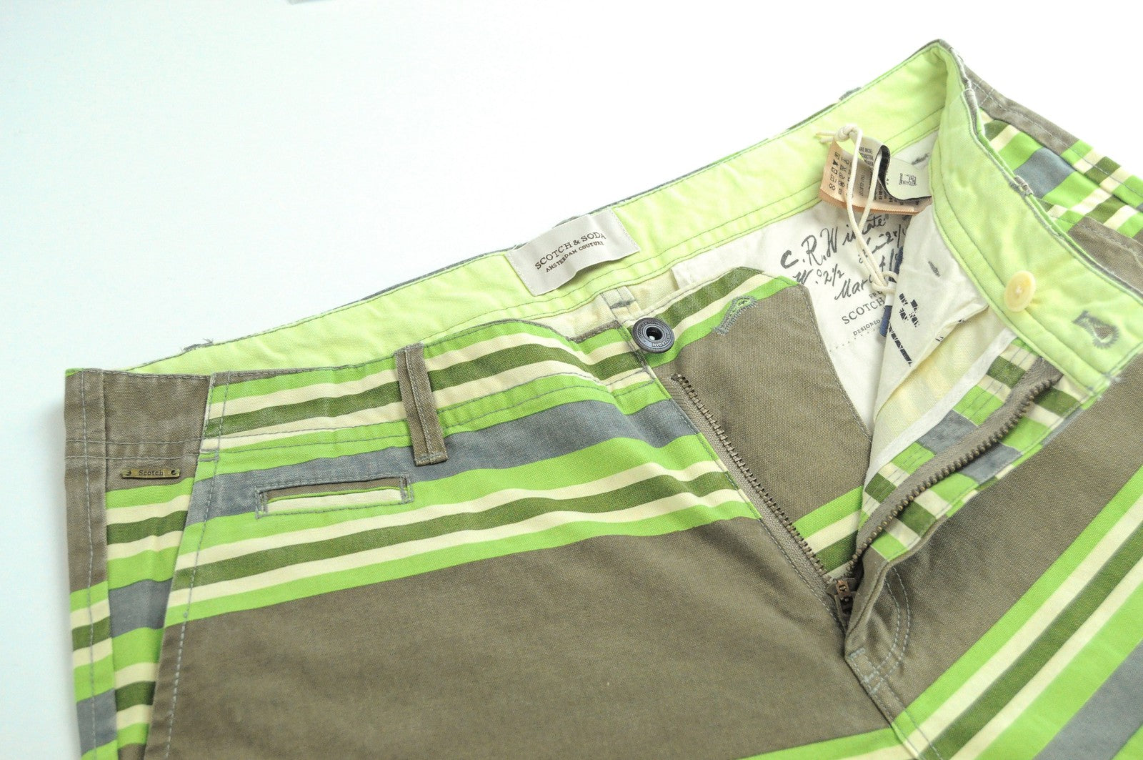 SCOTCH & SODA  Couture W30 Green Mens Shorts Cotton Striped Lightweight