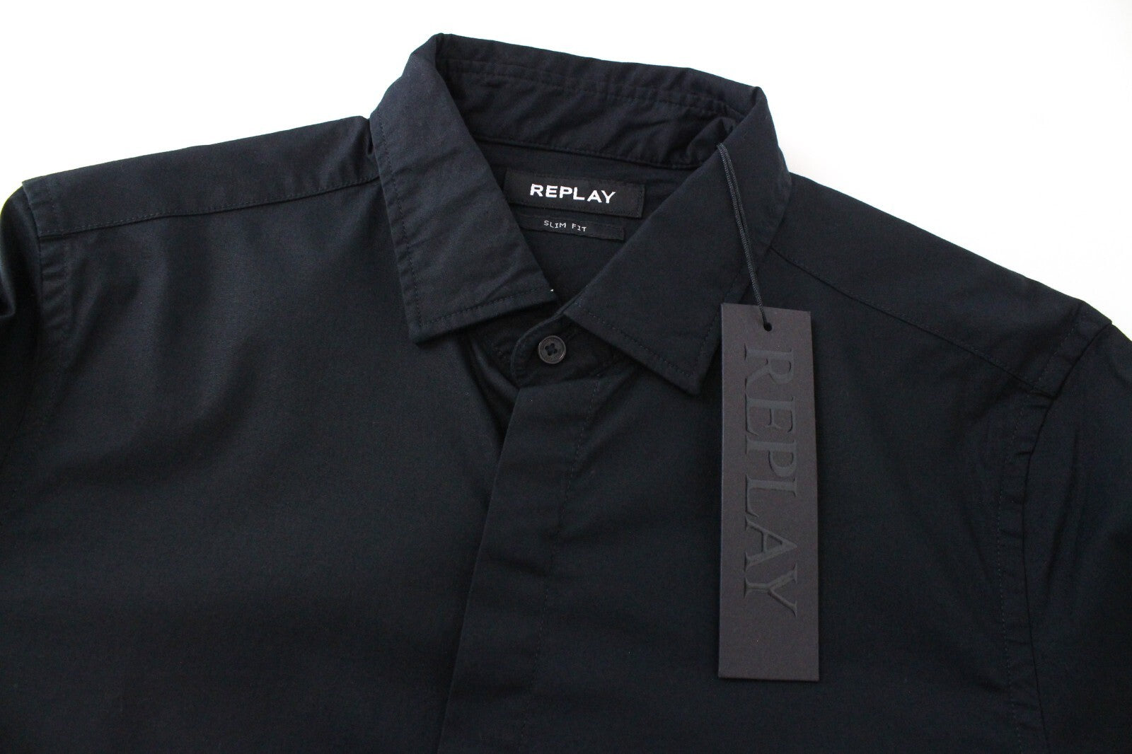 REPLAY S Black Shirt Mens Slim Stretch Cotton Collared Long Sleeve Button-Up