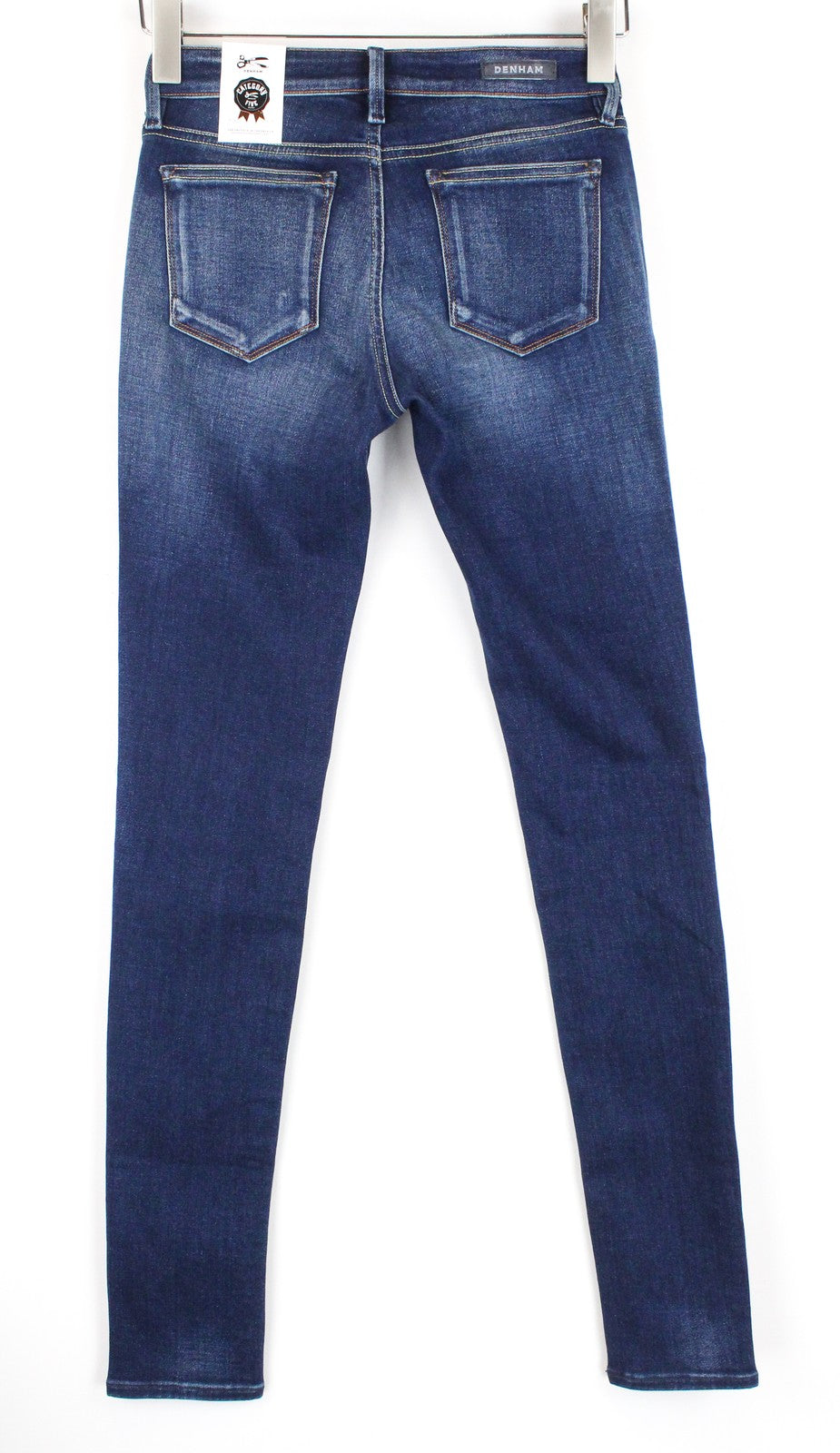 DENHAM Sharp moteriškos aptemptos džinsinės kelnės W24 L32 mėlynos medvilnės tamprios, skalbtos 