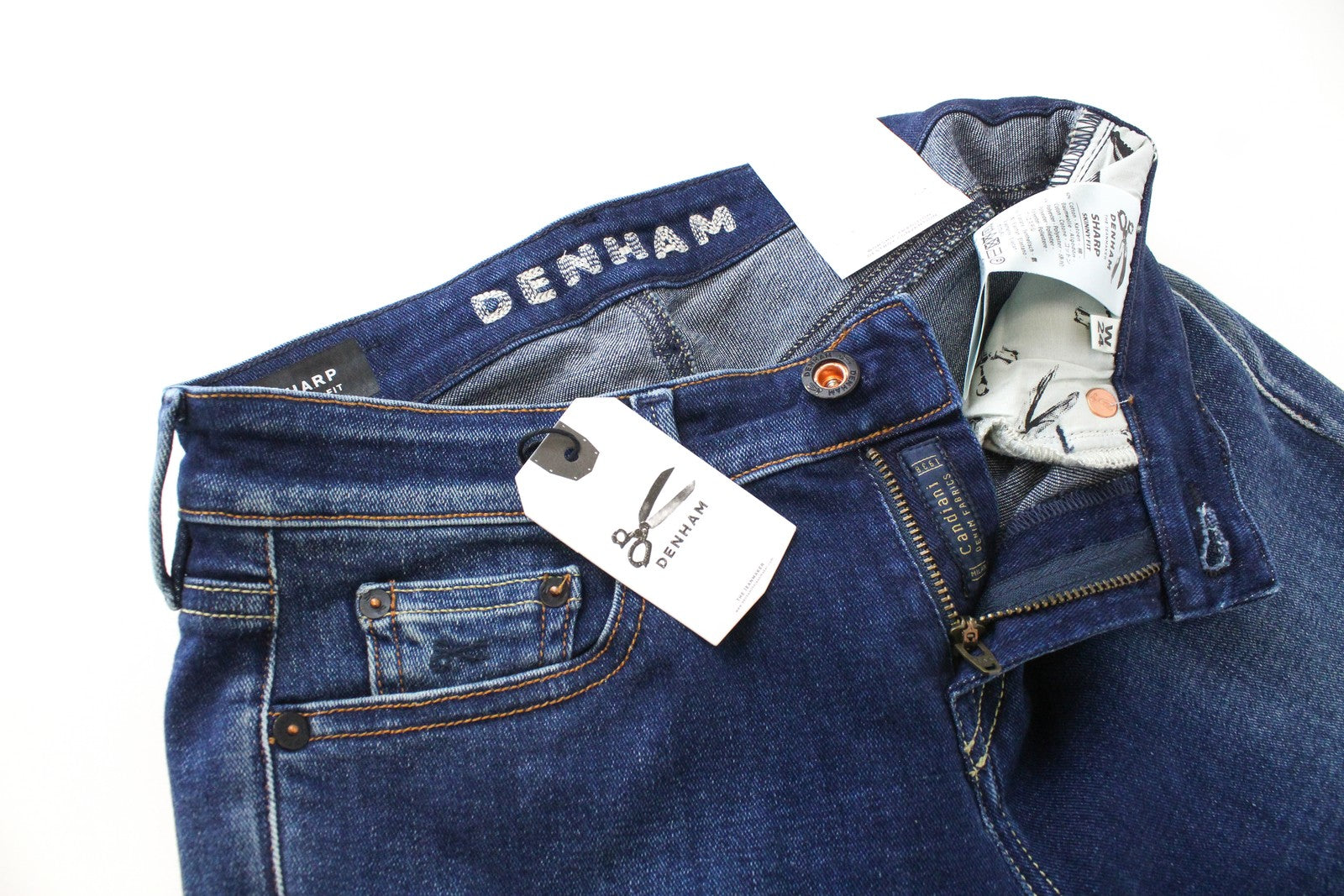 DENHAM Sharp moteriškos aptemptos džinsinės kelnės W24 L32 mėlynos medvilnės tamprios, skalbtos 