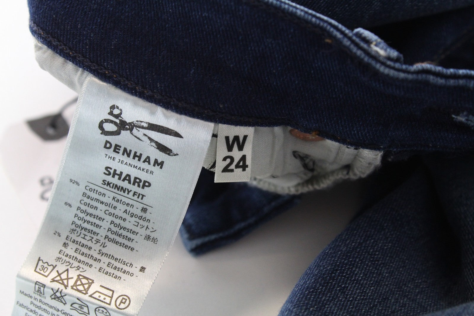 DENHAM Sharp moteriškos aptemptos džinsinės kelnės W24 L32 mėlynos medvilnės tamprios, skalbtos 