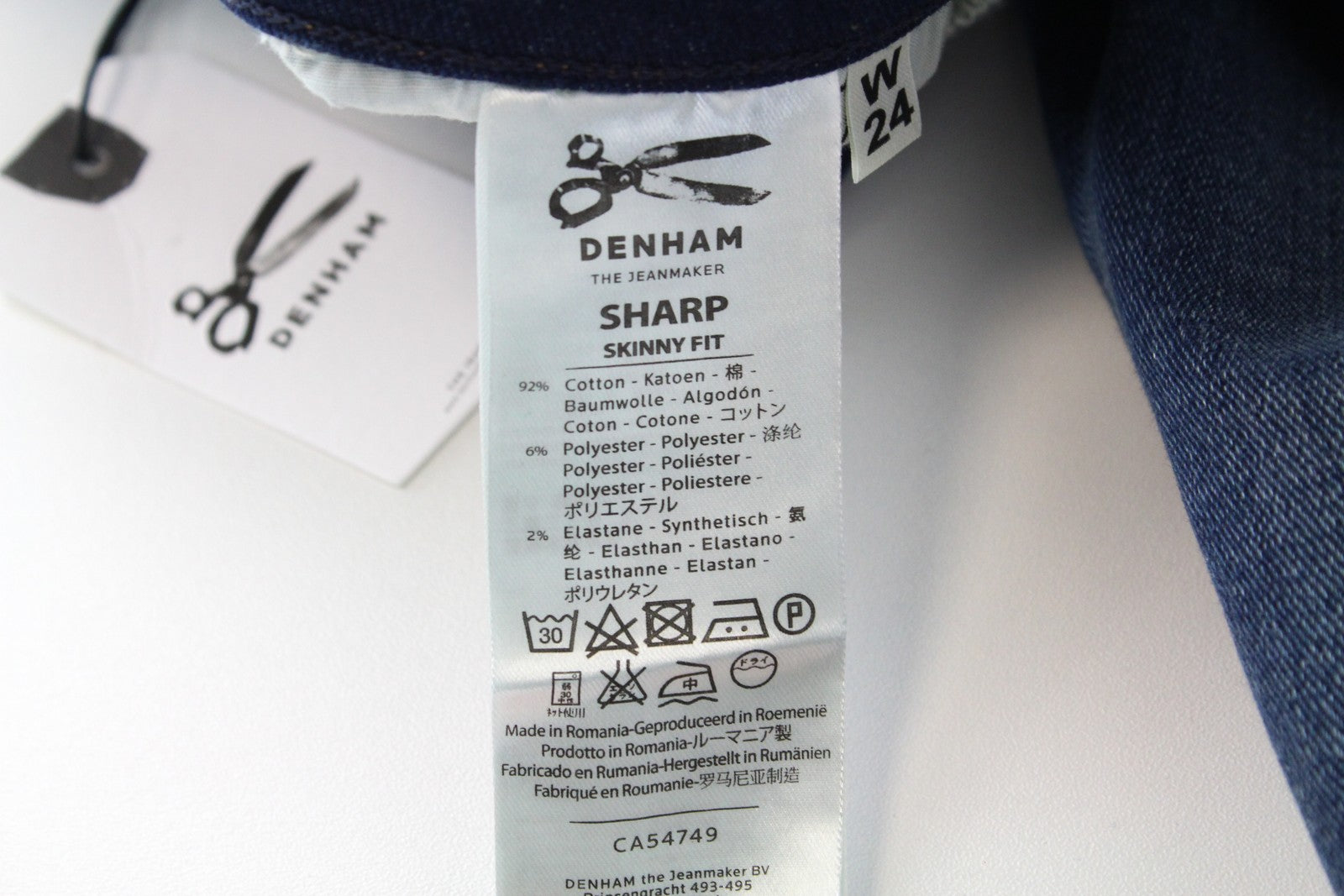 DENHAM Sharp moteriškos aptemptos džinsinės kelnės W24 L32 mėlynos medvilnės tamprios, skalbtos 