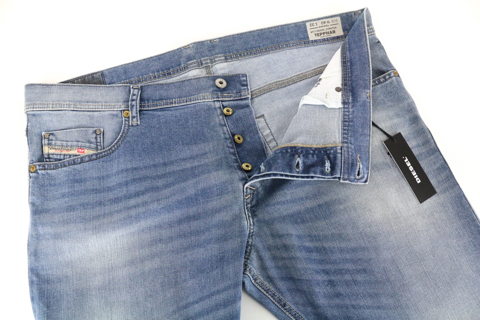 DIESEL Tepphar 0842H W40/L32 vyriški ploni morkų rašto tamprūs medvilniniai džinsai, mėlyni, skalbti 
