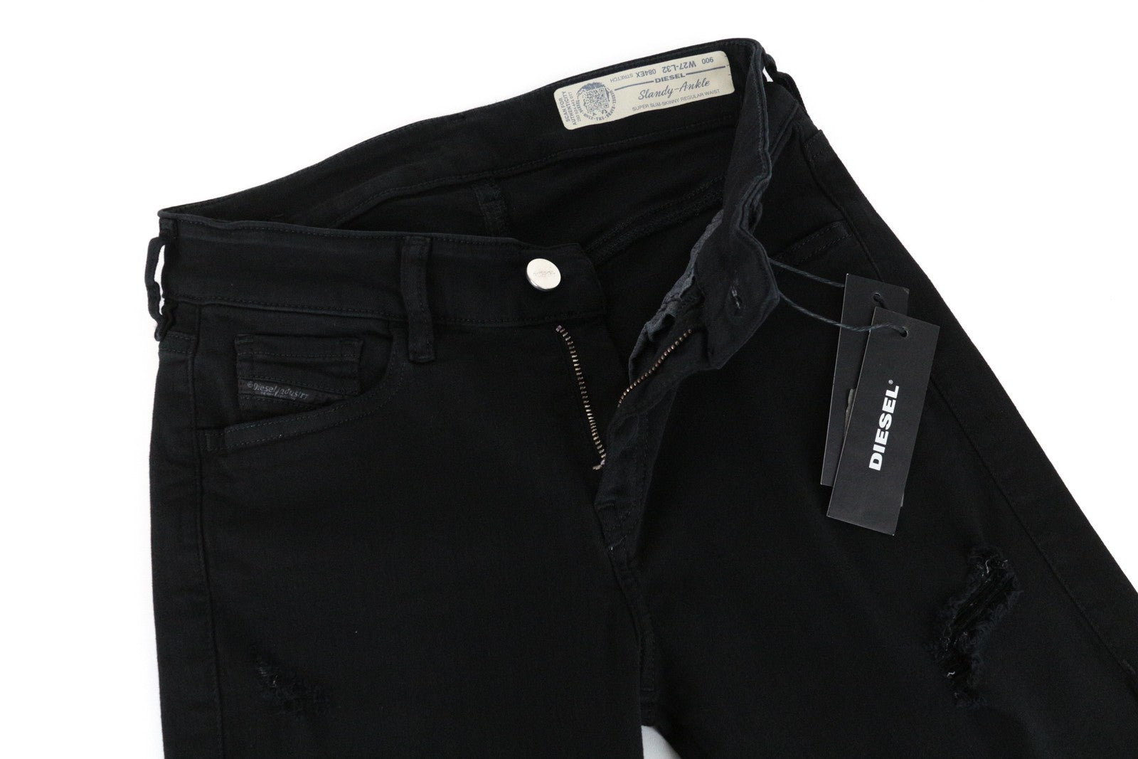 DIESEL Slandy-Ankle 084EX W27/L32 aptempti juodi tamprūs moteriški plėšyti džinsai 