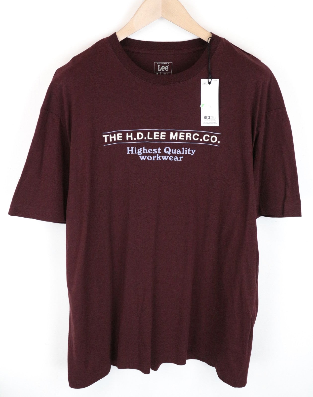 LEE vyriški marškinėliai M bordo spalvos laisvo kirpimo medvilniniai marškinėliai trumpomis rankovėmis 