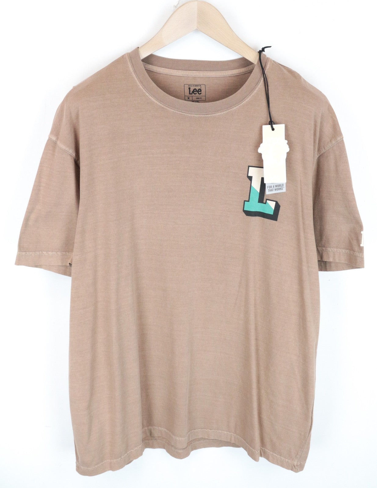 LEE vyriški marškinėliai M rudi trumpomis rankovėmis medvilniniai laisvo kirpimo marškinėliai su logotipu 