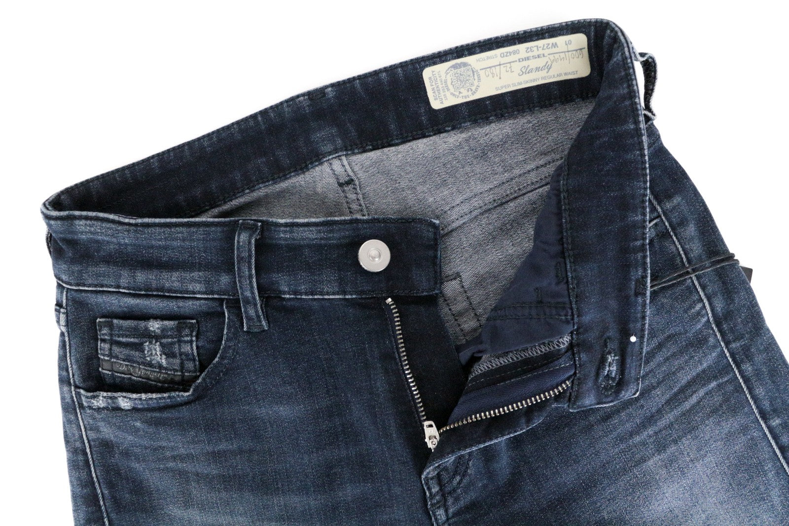 DIESEL Slandy 084ZD moteriški W27/L32 aptempti skalbti ploni tamprūs mėlyni džinsai 