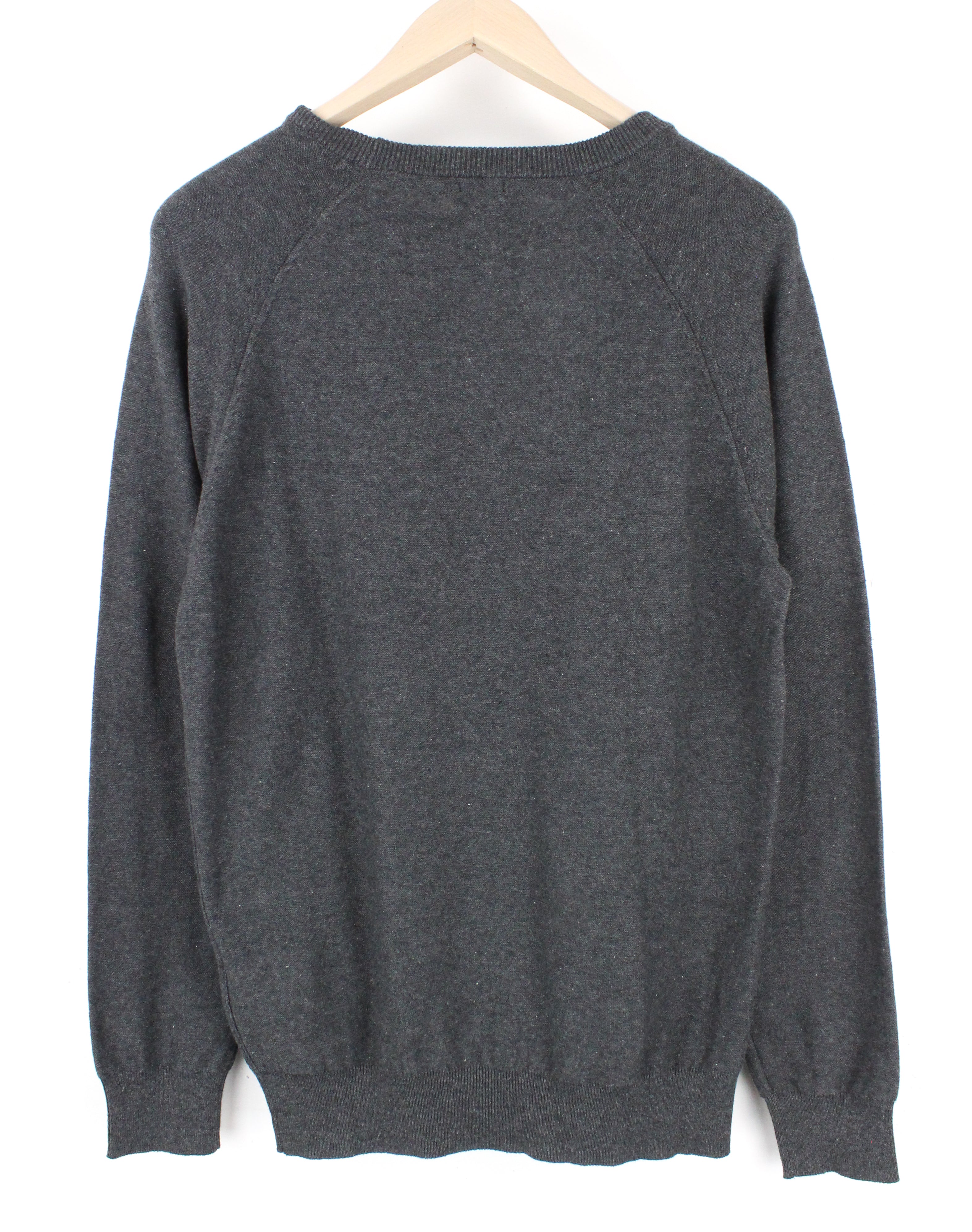 LEE moteriškas M dydžio tamsiai pilkas medvilninis megztinis su melanžo spalvos apvalia kaklo iškirpte, tvirtai megztas