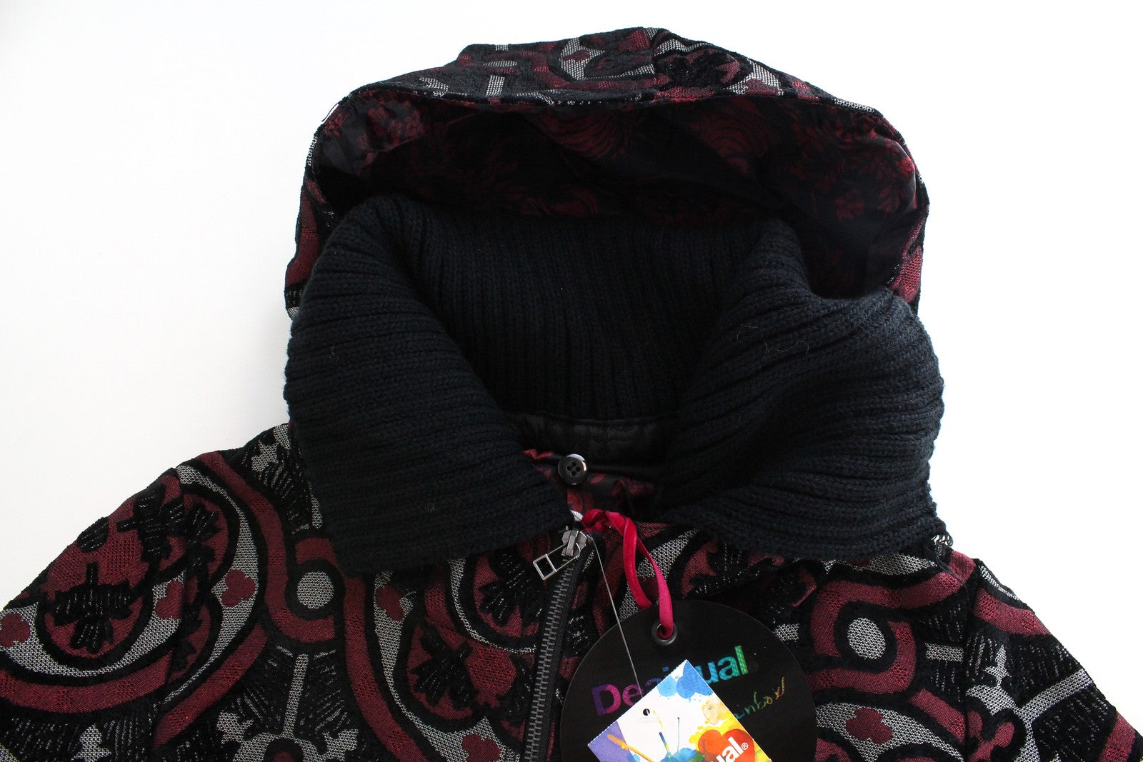 DESIGUAL Sagitario moteriškas raudonas melanžo žakardo paltas, EU38, dizainerio stilius 