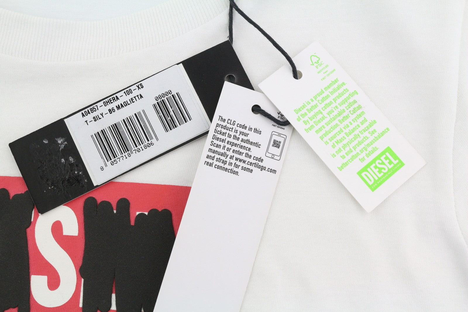 DIESEL T-Sily-B6 moteriški marškinėliai XS, balti, tamprios medvilnės, trumpomis rankovėmis 