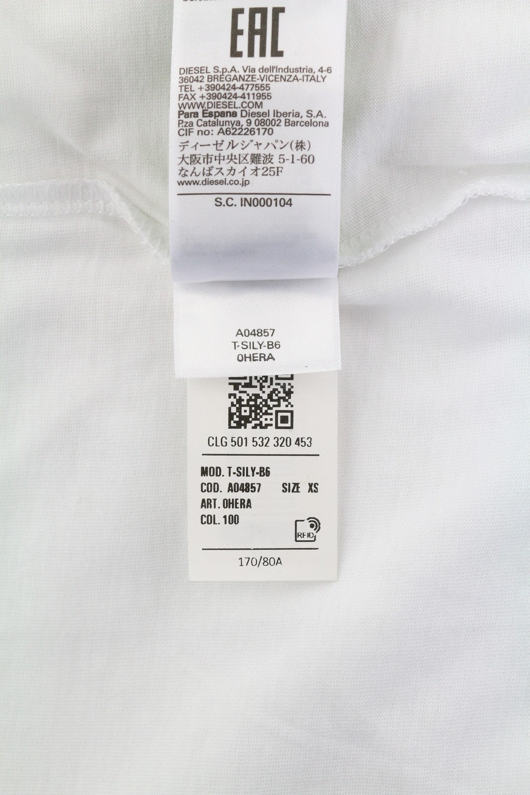 DIESEL T-Sily-B6 moteriški marškinėliai XS, balti, tamprios medvilnės, trumpomis rankovėmis 