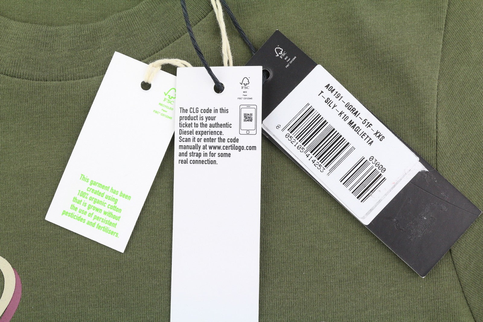 DIESEL T-Sily-K10 moteriški marškinėliai, 2XS, žali, tamprios medvilnės trikotažo spalvos, trumpomis rankovėmis. 