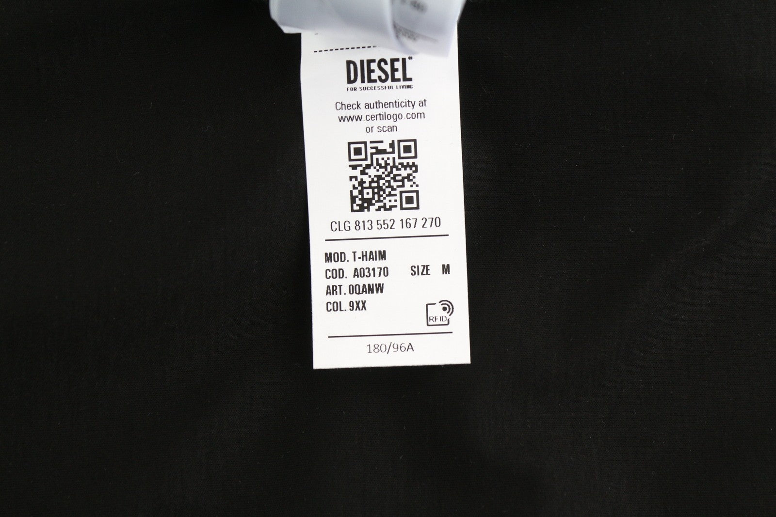 DIESEL T-Haim Men T-Shirt M Black Tricot Stretch Cotton Crew Neck Short Sleeve