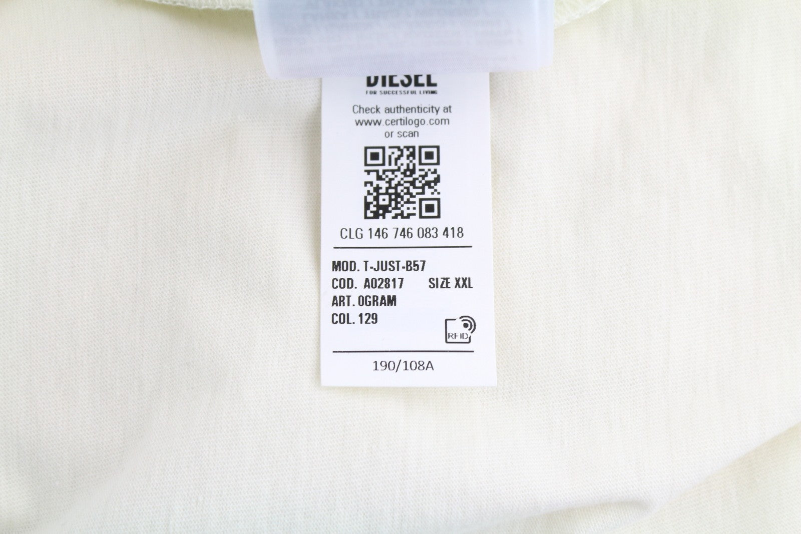 DIESEL T-Just-B57 Men T-Shirt 2XL White Tricot Embroidered Crew Short Sleeve