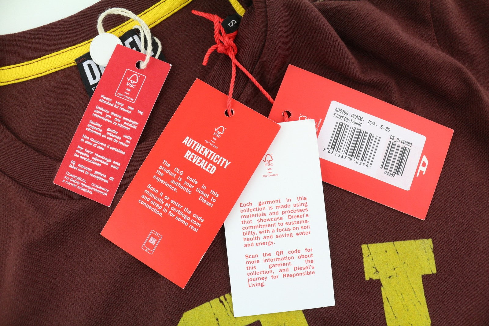 DIESEL T-Just-E35 Men T-Shirt S Brown Tricot Stretch Crew Neck Short Sleeve