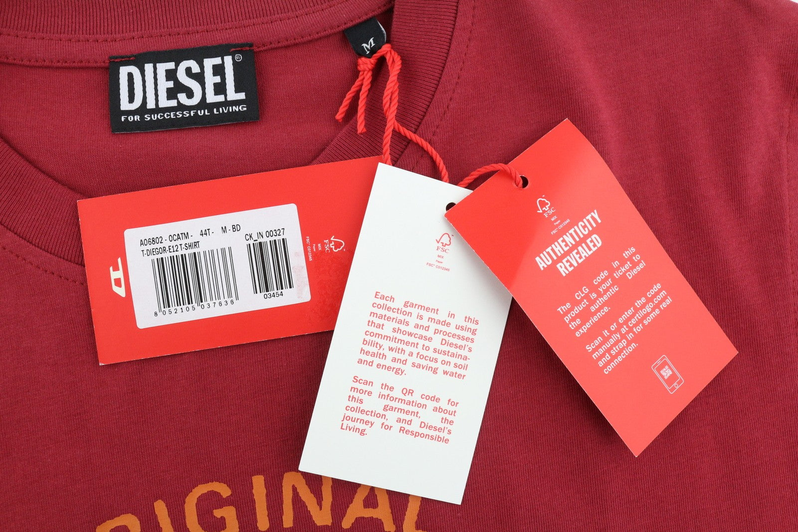 DIESEL T-Diegor-E12 Men T-Shirt M Red Tricot Stretch Crew Neck Short Sleeve