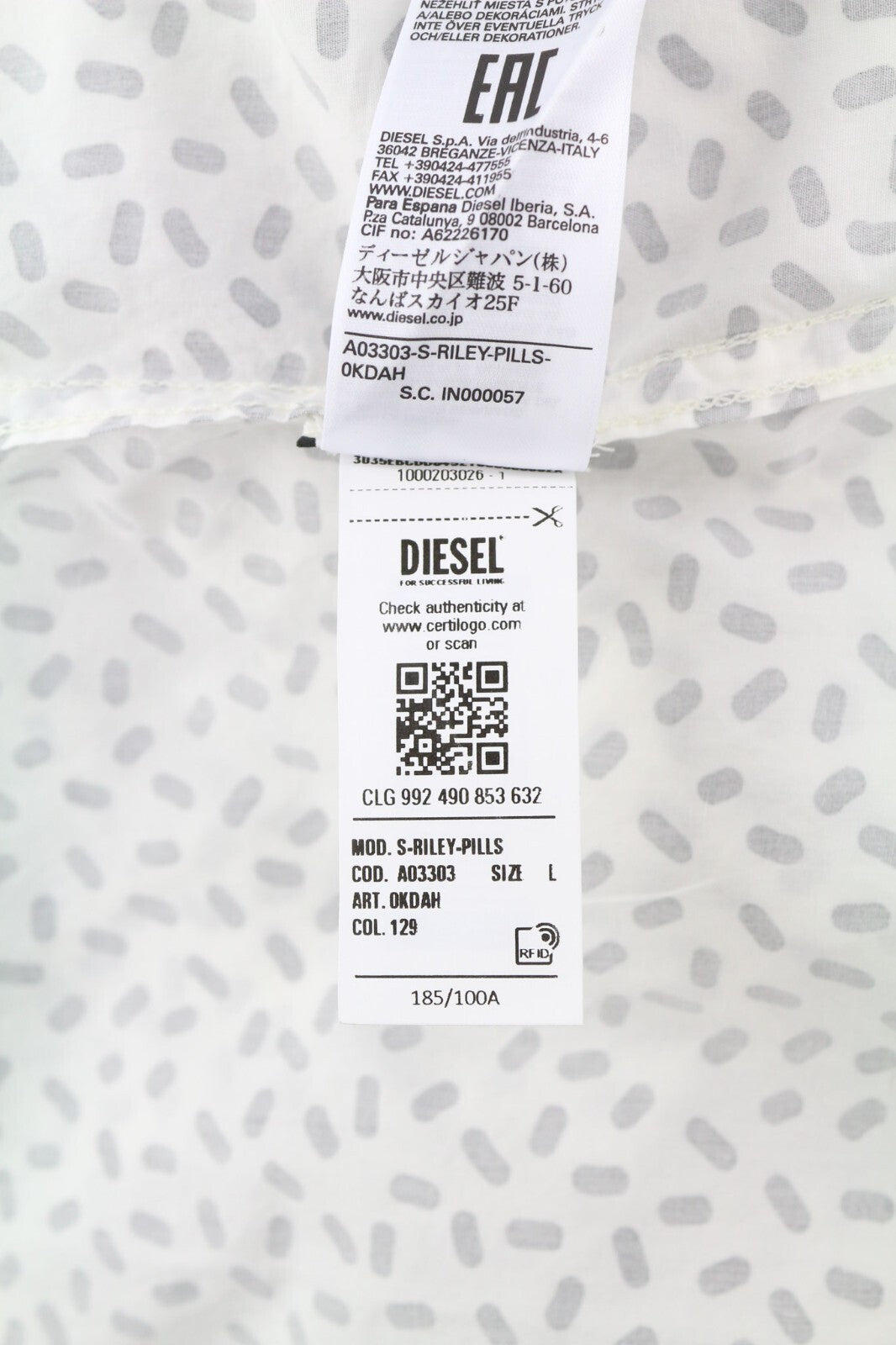 DIESEL S-Riley-Pills vyriški marškinėliai L raštuotais sagomis išskleidžiama apykakle RRP110