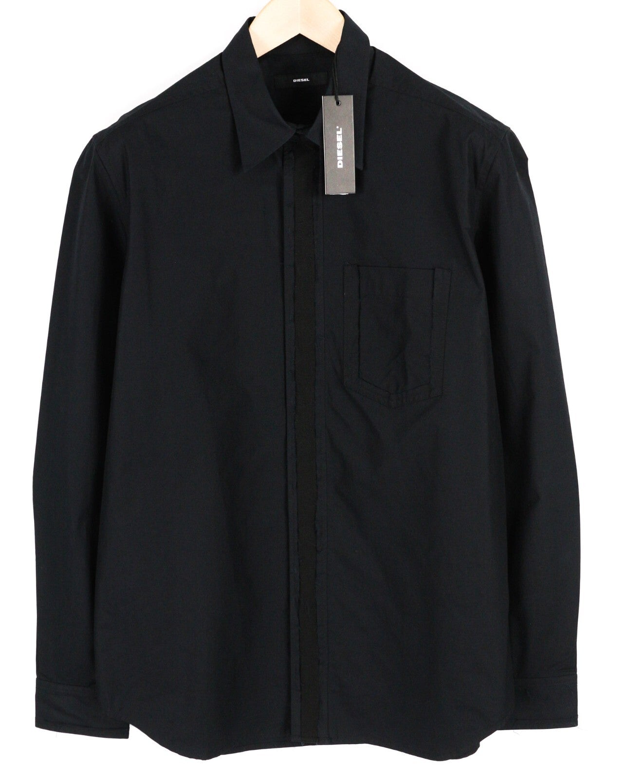 DIESEL S-Olsen vyriški marškinėliai L, juodi, paslėptomis sagomis, užlopytomis kišenėmis.