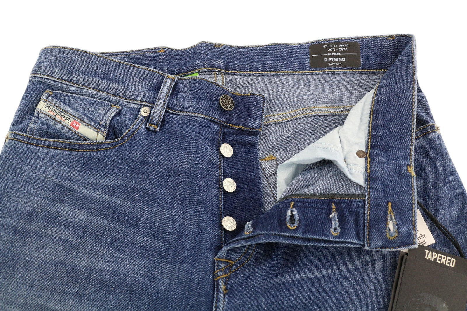 DIESEL D-Fining 09A80 vyriški džinsai W30/L32 siaurėjantys, tamprūs, skalbti, su sagomis 