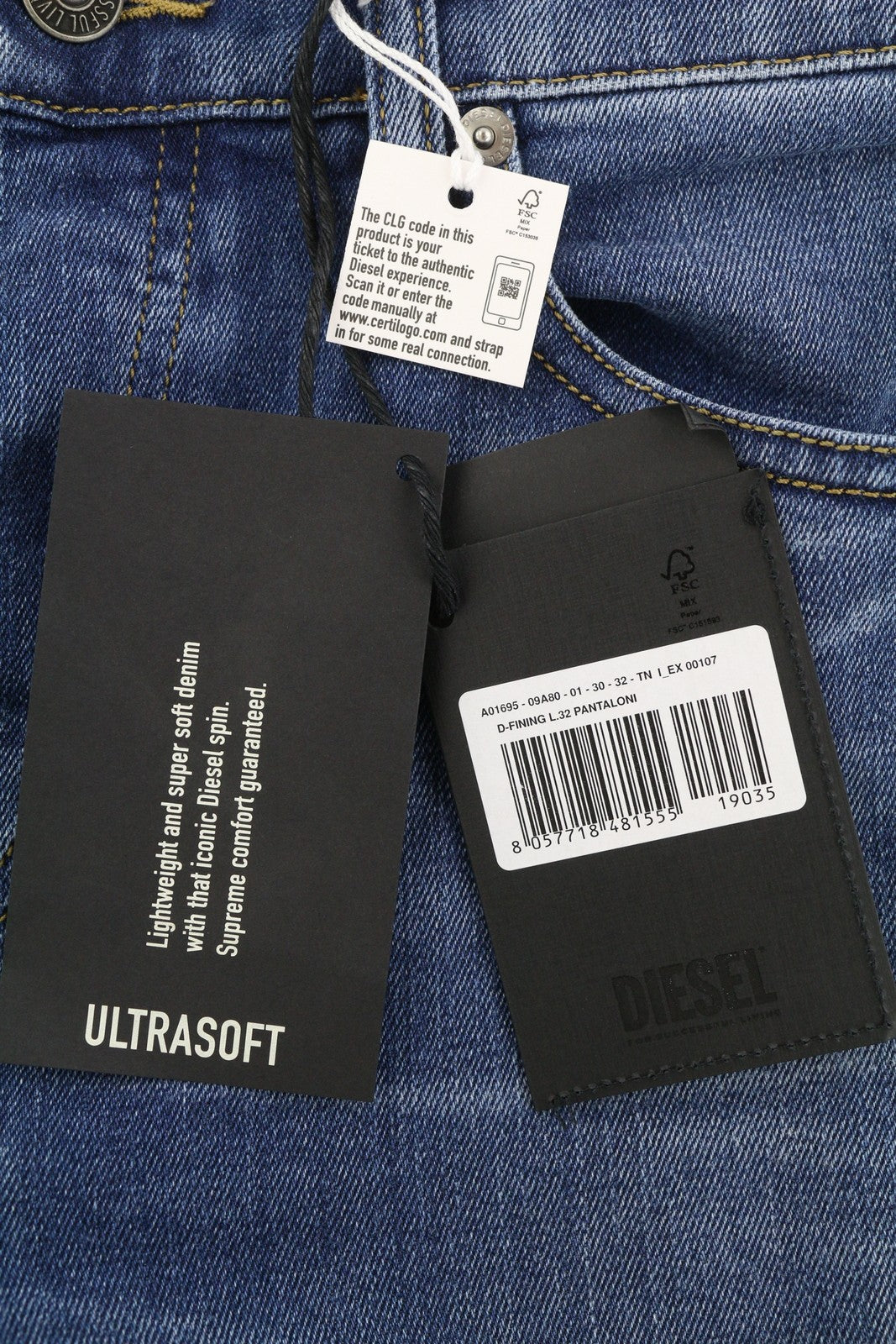 DIESEL D-Fining 09A80 vyriški džinsai W30/L32 siaurėjantys, tamprūs, skalbti, su sagomis 