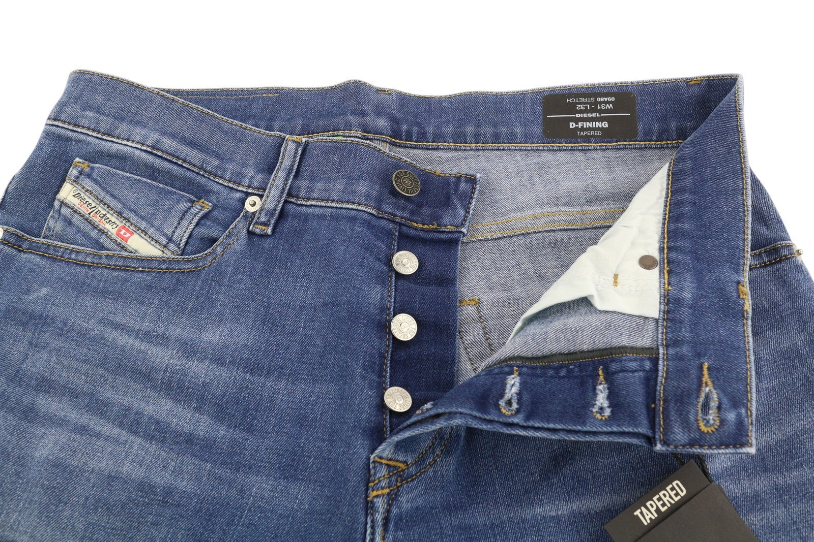 DIESEL D-Fining 09A80 vyriški džinsai W31/L32, siaurėjantys, tamprūs, skalbti, su sagomis 