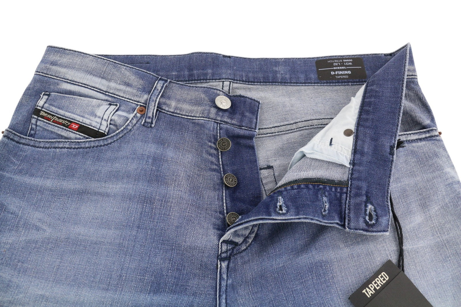 DIESEL D-Fining 009NS vyriški džinsai W31/L32, siaurėjantys, tamprūs, skalbti, su sagomis 