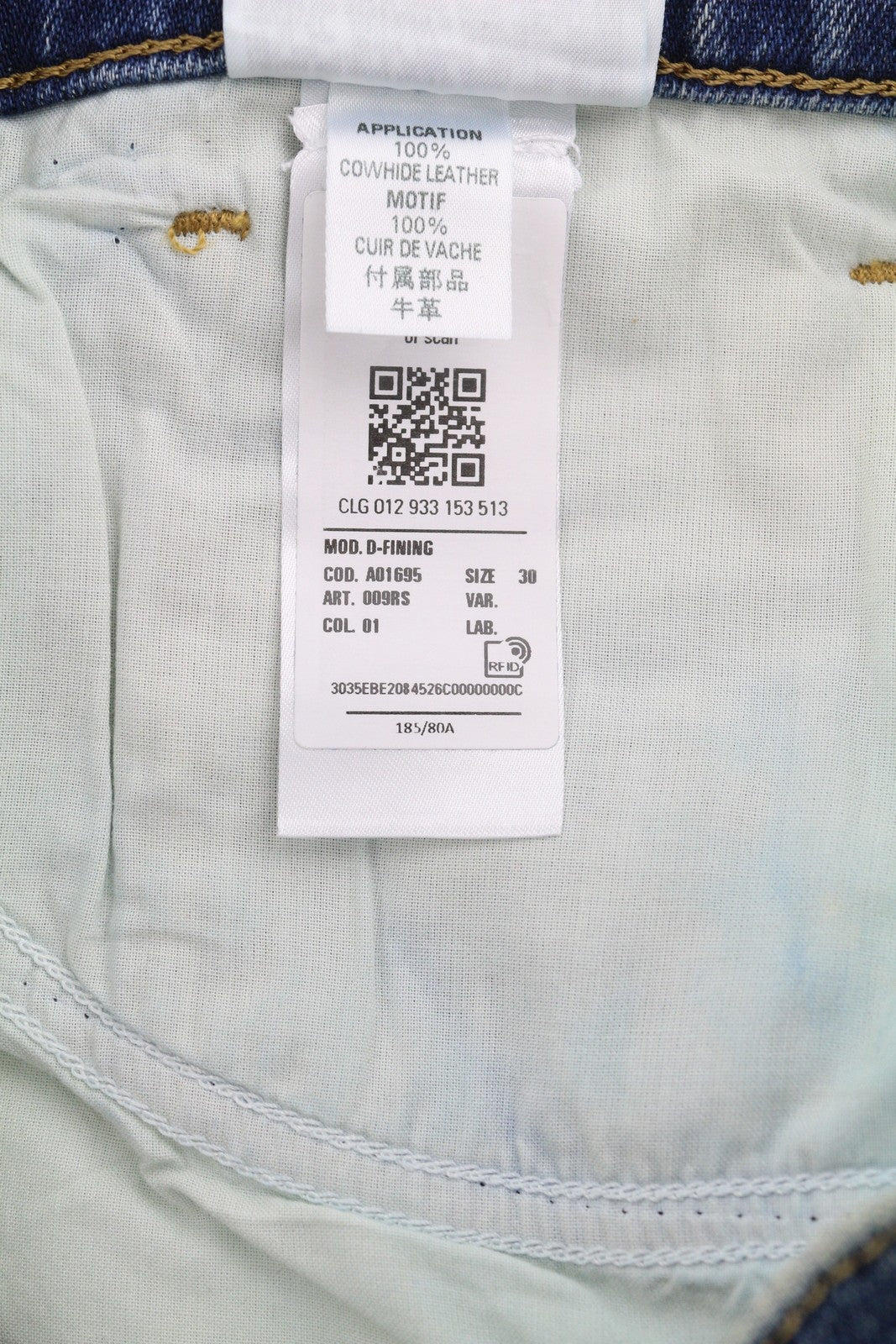 DIESEL D-Fining 009RS vyriški džinsai W30/L32 siaurėjančiomis klešnėmis su tampriais, skalbtais logotipais. 