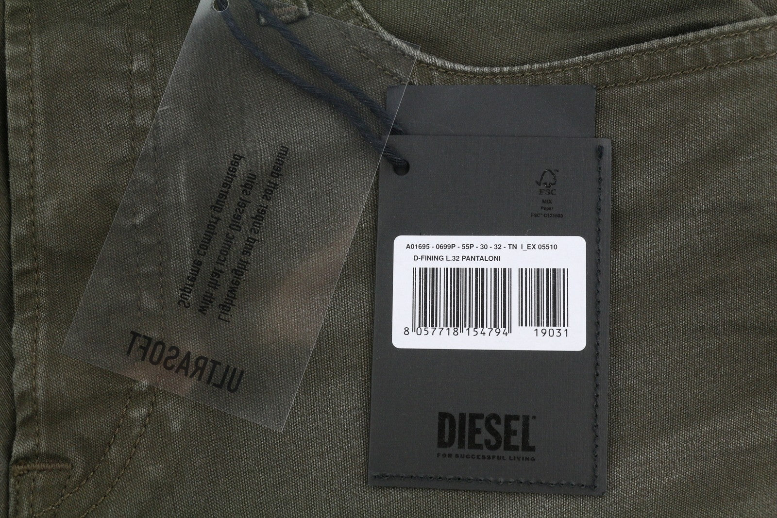 DIESEL D-Fining 0699P vyriški džinsai W30/L32 siaurėjantys tamprūs skalbti tamsiai rudi 