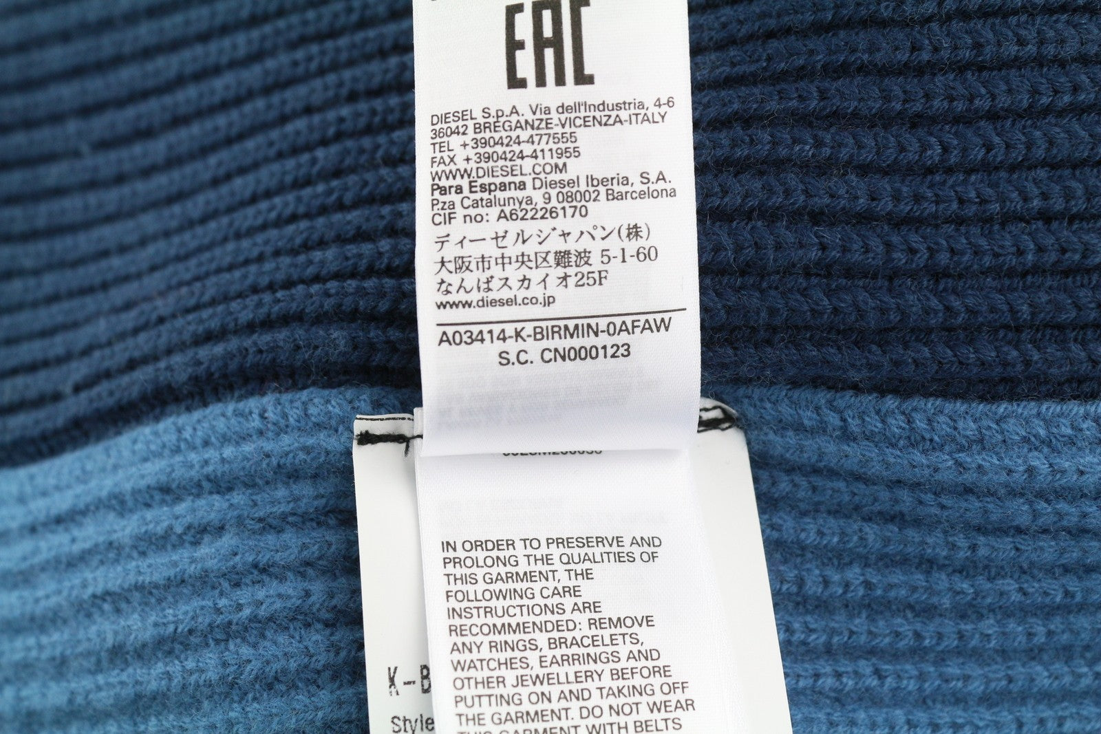 DIESEL K-Birmin vyriškas megztinis L dydžio, mėlynas, megztinis su apvalia kaklu, megztas vilnonis tamprus audinys