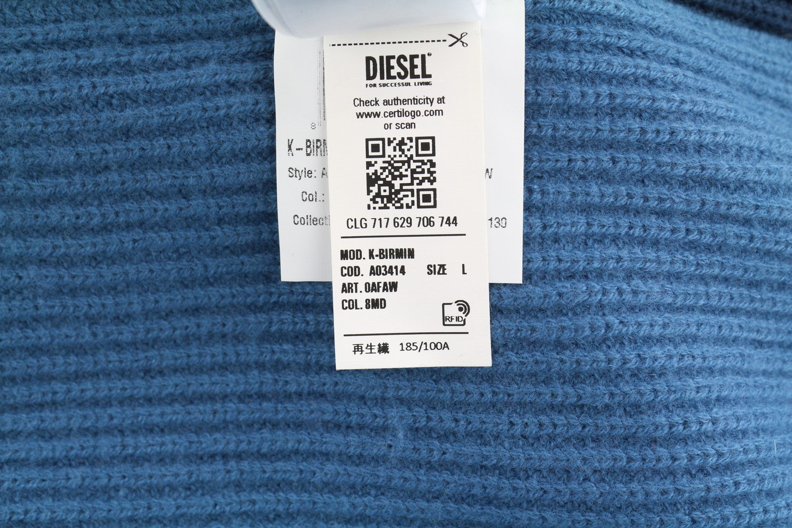 DIESEL K-Birmin vyriškas megztinis L dydžio, mėlynas, megztinis su apvalia kaklu, megztas vilnonis tamprus audinys