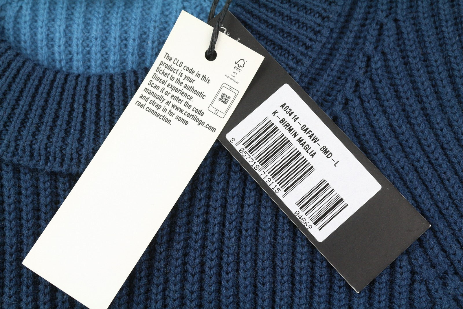 DIESEL K-Birmin vyriškas megztinis L dydžio, mėlynas, megztinis su apvalia kaklu, megztas vilnonis tamprus audinys