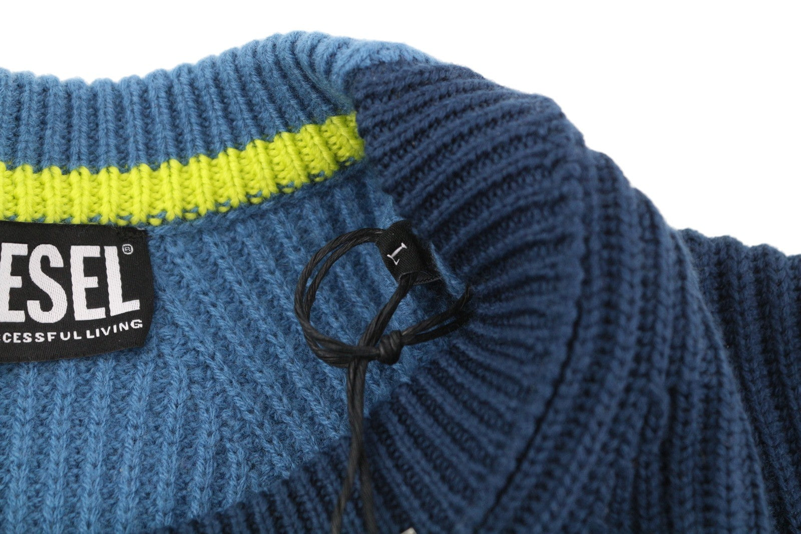 DIESEL K-Birmin vyriškas megztinis L dydžio, mėlynas, megztinis su apvalia kaklu, megztas vilnonis tamprus audinys