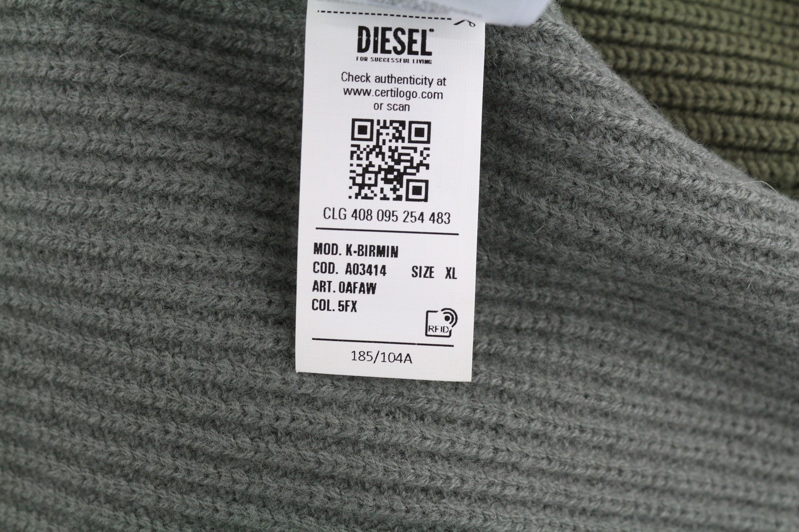 DIESEL K-Birmin vyriškas megztinis XL spalvos chaki spalvos apvalios kaklo iškirpte, megztas vilnonis tamprus audinys 