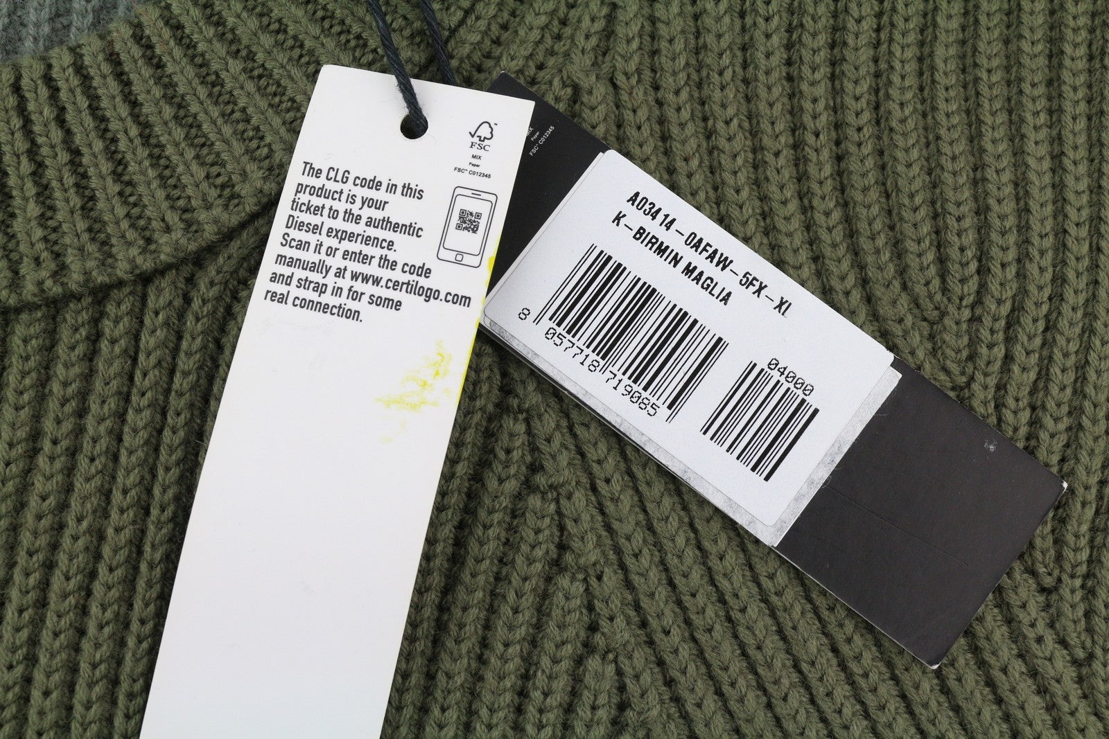 DIESEL K-Birmin vyriškas megztinis XL spalvos chaki spalvos apvalios kaklo iškirpte, megztas vilnonis tamprus audinys 