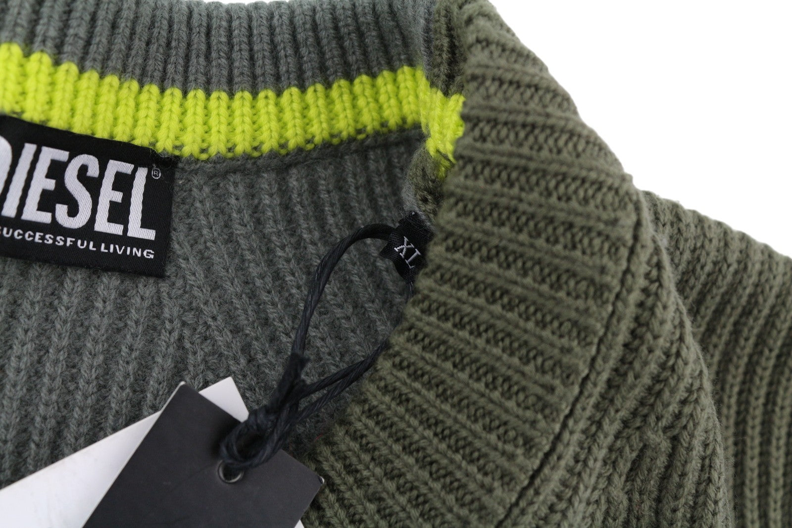 DIESEL K-Birmin vyriškas megztinis XL spalvos chaki spalvos apvalios kaklo iškirpte, megztas vilnonis tamprus audinys 