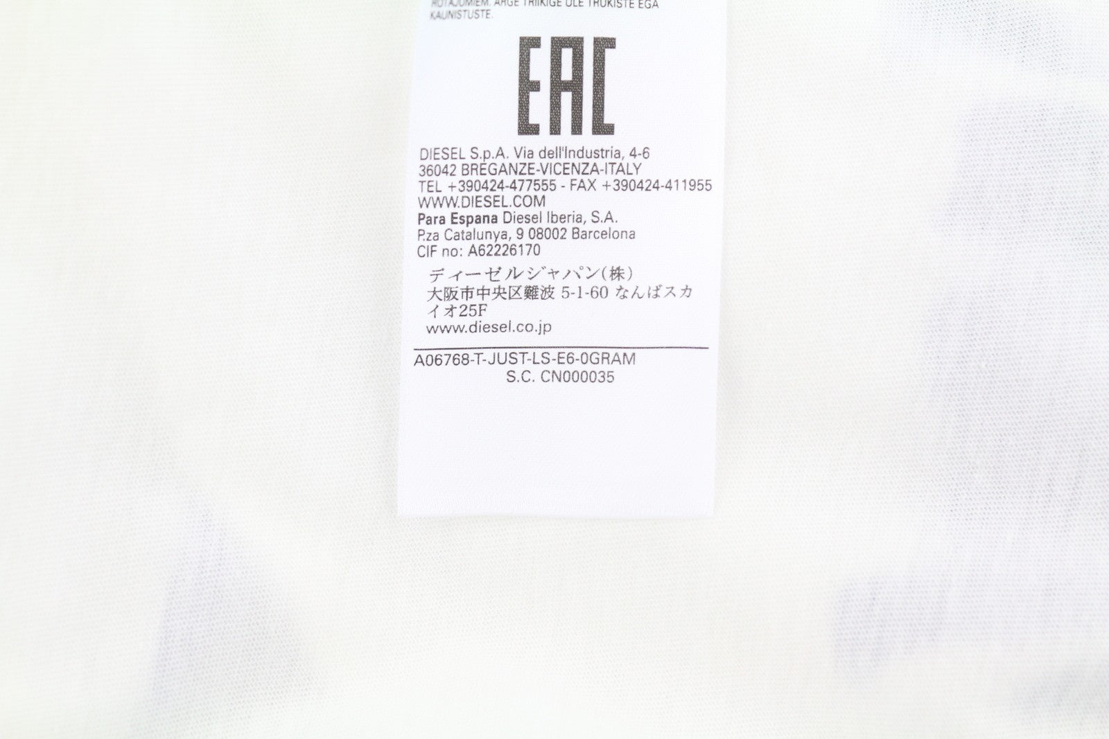 DIESEL T-Just-LS-E6 Mens T-Shirt M White Long Sleeve Crew Collar  Tricot