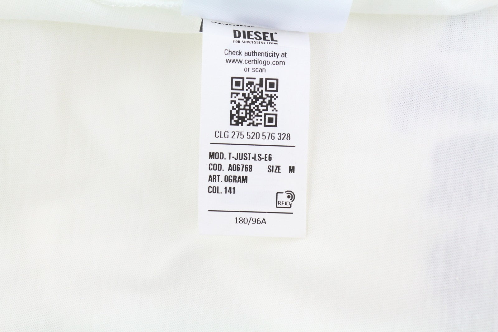DIESEL T-Just-LS-E6 Mens T-Shirt M White Long Sleeve Crew Collar  Tricot