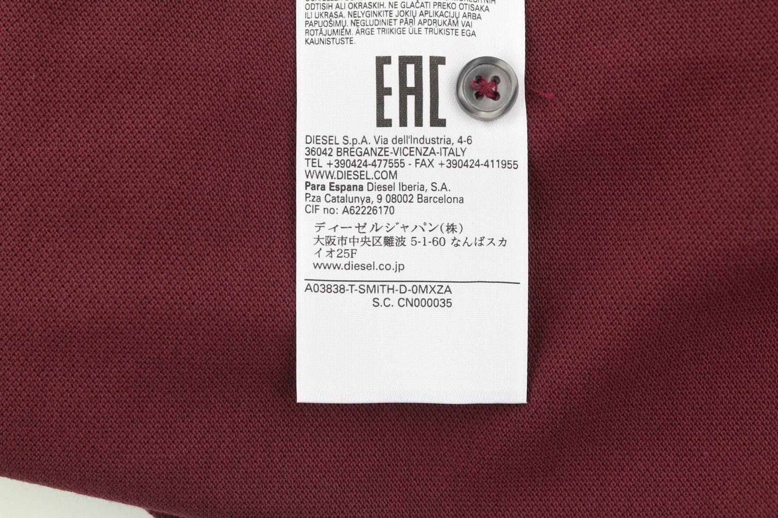 DIESEL T-Smith-D vyriški marškinėliai L dydžio, trumpomis rankovėmis, polo apykakle, medvilniniai, bordo spalvos