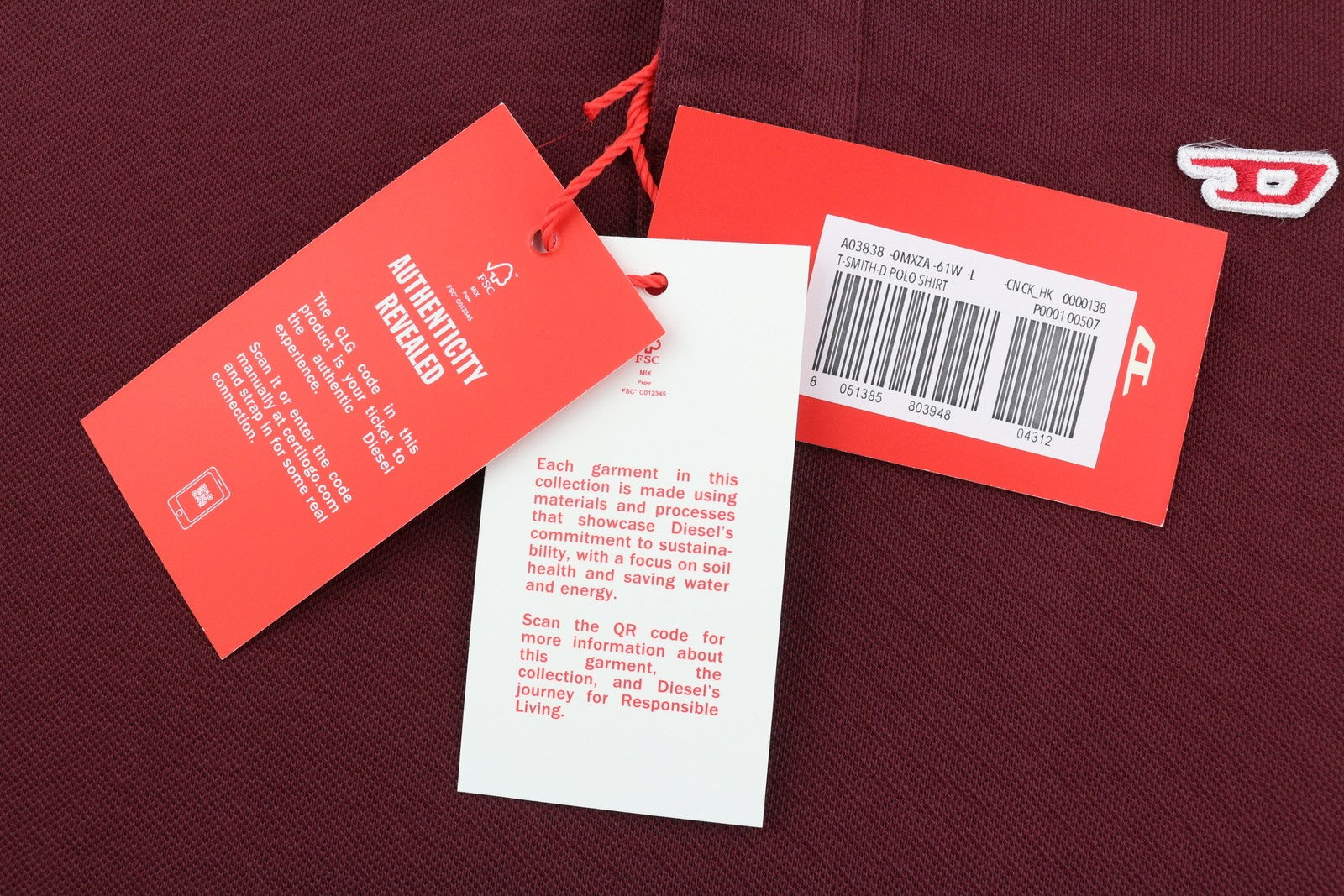 DIESEL T-Smith-D vyriški marškinėliai L dydžio, trumpomis rankovėmis, polo apykakle, medvilniniai, bordo spalvos