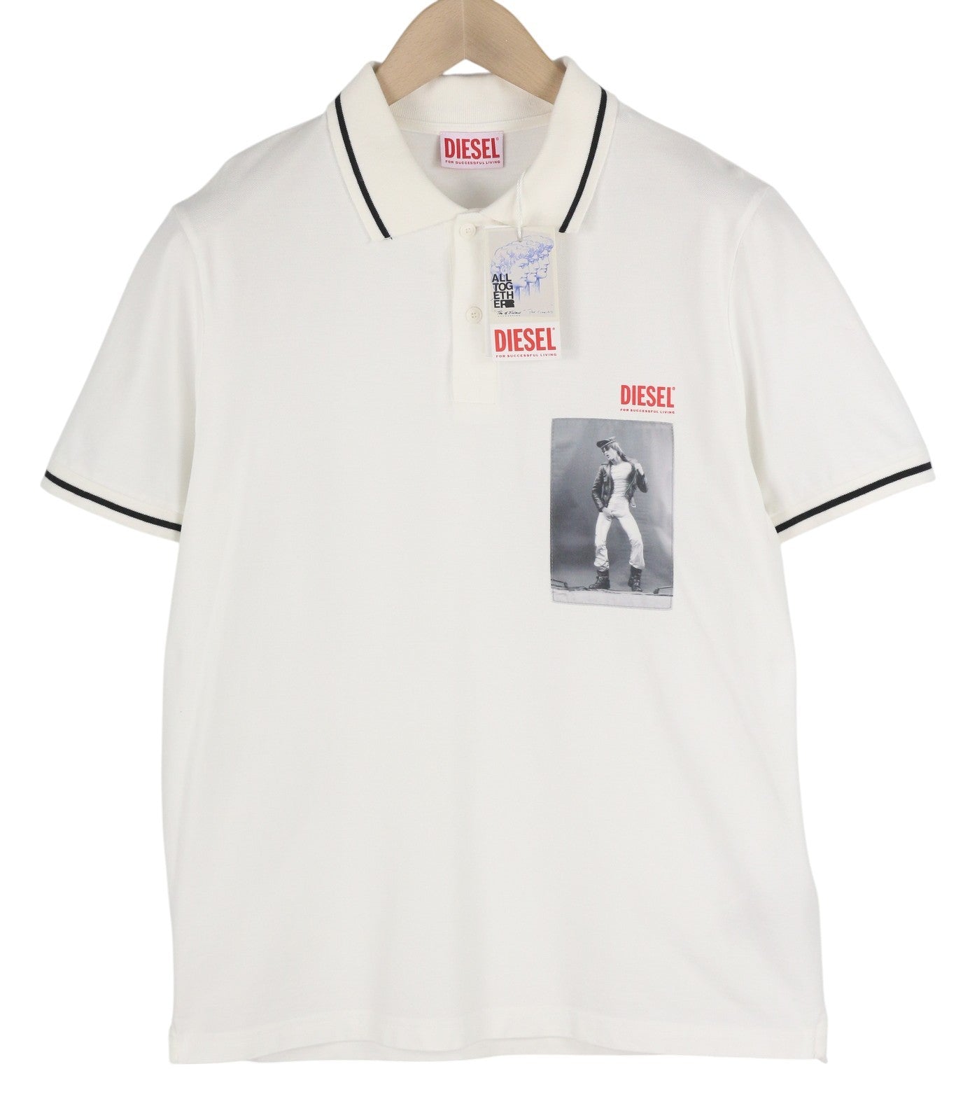 DIESEL PR-T-Smith vyriški marškinėliai su trumpomis rankovėmis, polo apykakle, raštuoti, balti, rekomenduojama kaina 125 € 