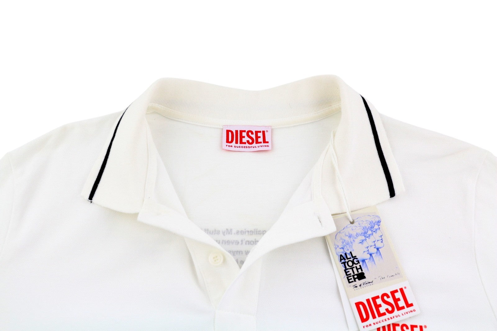 DIESEL PR-T-Smith vyriški marškinėliai su trumpomis rankovėmis, polo apykakle, raštuoti, balti, rekomenduojama kaina 125 € 