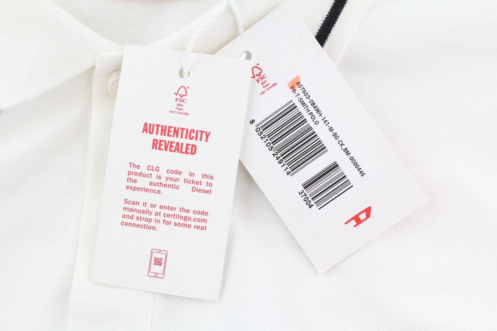 DIESEL PR-T-Smith vyriški marškinėliai su trumpomis rankovėmis, polo apykakle, raštuoti, balti, rekomenduojama kaina 125 € 