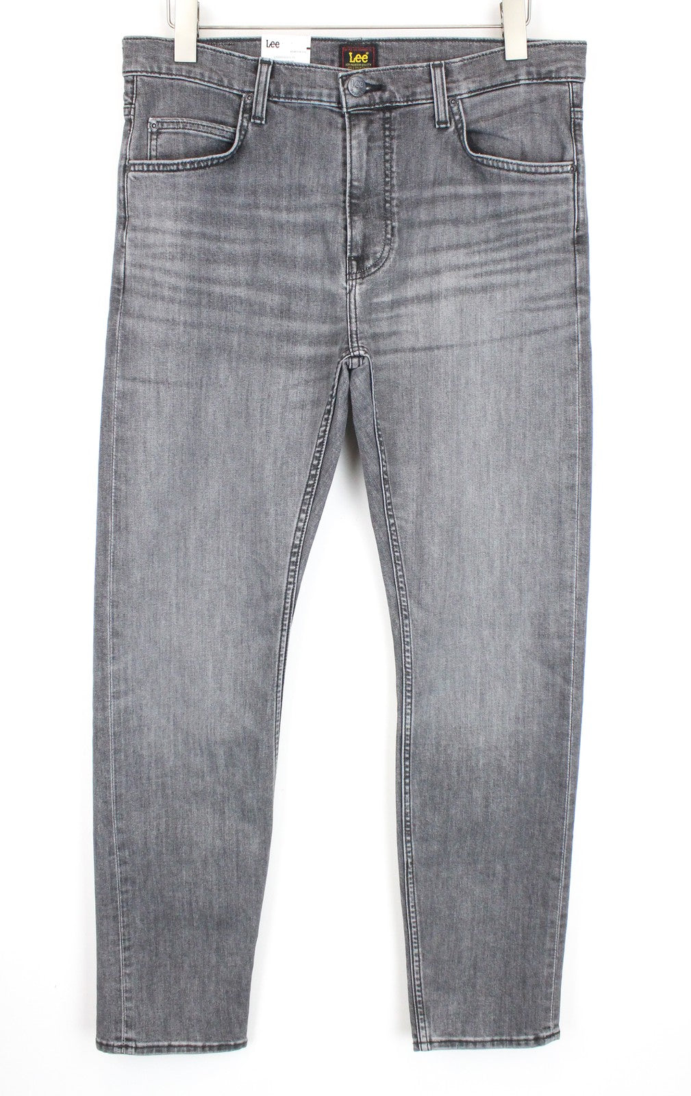 LEE Rider vyriški džinsai W34/L32 Slim Fit pilki medvilniniai skalbti tamprūs džinsai su 5 kišenėmis 