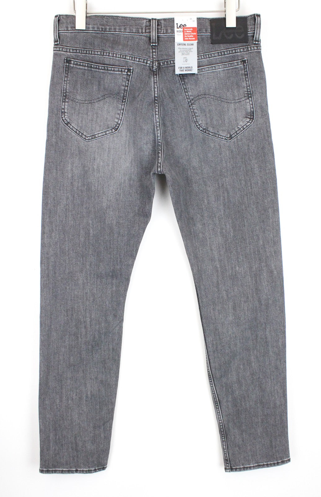 LEE Rider vyriški džinsai W34/L32 Slim Fit pilki medvilniniai skalbti tamprūs džinsai su 5 kišenėmis 