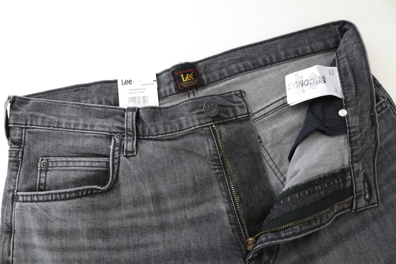 LEE Rider vyriški džinsai W34/L32 Slim Fit pilki medvilniniai skalbti tamprūs džinsai su 5 kišenėmis 