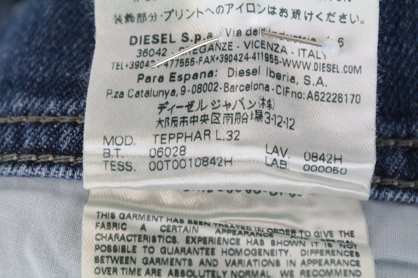 DIESEL Tepphar 0842H vyriški džinsai W33/L32 Slim morkų spalvos, skalbtos mėlynos spalvos, medvilniniai 