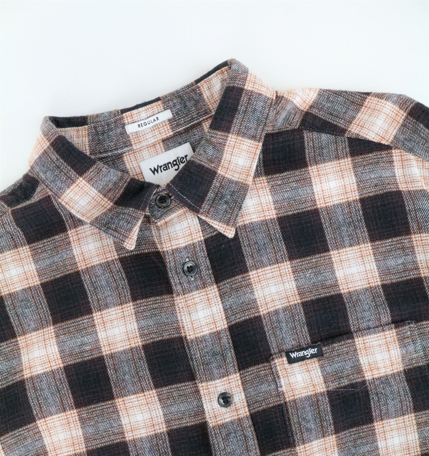 WRANGLER vyriški marškinėliai M rudi pilki languoti ilgo ilgio grynos medvilnės flaneliniai marškinėliai