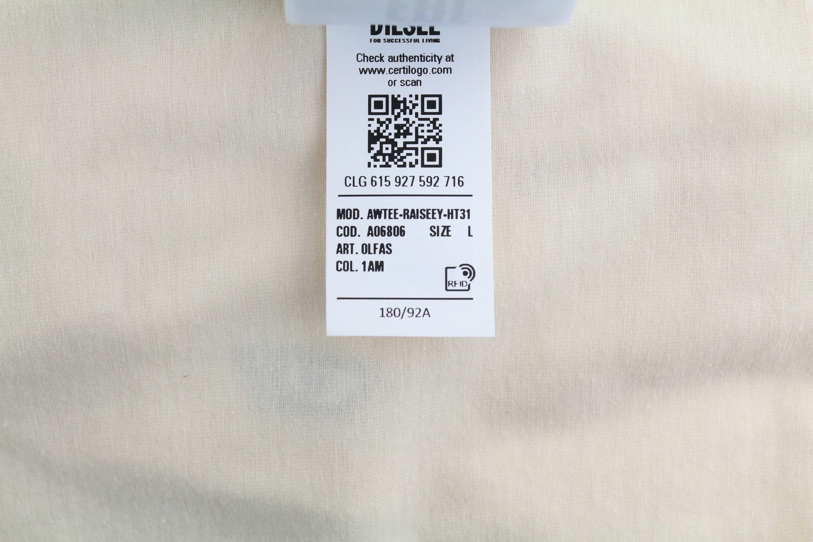 DIESEL Awtee-Raiseey-HT31 vyriški marškinėliai L dydžio, dramblio kaulo spalvos, 55DSL, trumpomis rankovėmis, trikotažiniai 