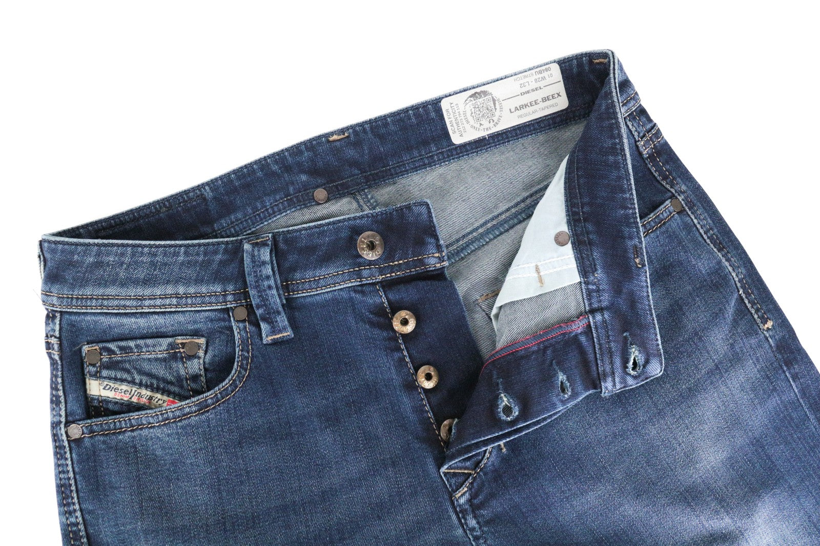 DIESEL Larkee-Beex 084BU vyriški džinsai W28/L32 Regular Taper Fit mėlynos medvilnės 