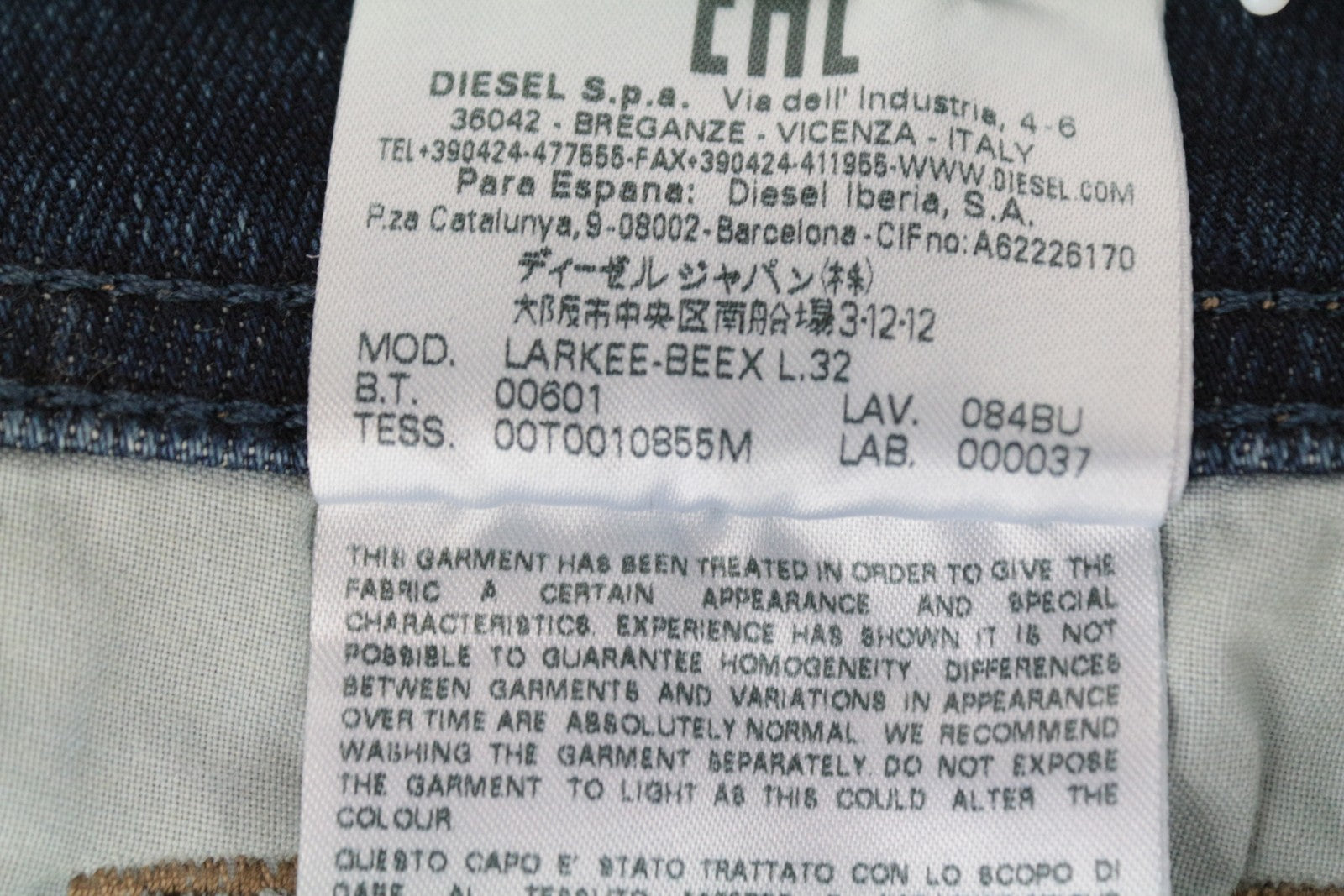 DIESEL Larkee-Beex 084BU vyriški džinsai W28/L32 Regular Taper Fit mėlynos medvilnės 